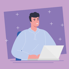 young man using laptop computer device vector illustration design