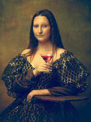 Cocktail time. Young woman as Mona Lisa, La Gioconda isolated on dark green background. Retro style, comparison of eras concept. Beautiful female model like classic historical character, old-fashioned