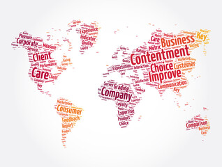 Fototapeta na wymiar Contentment word cloud in shape of world map, concept background