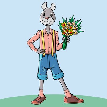 Cute rabbit goes on a date with a bouquet of flowers. Little cute rabbit is standing and smiling. Small animals evoke emotions and joy. Vector hand drawn illustration