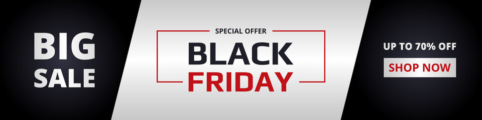 Obraz premium Black friday, wide banner. Black friday dark, silver and red vertical banner template. Big sale, special offer, up to 70% off.