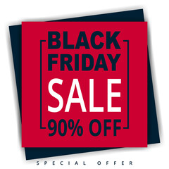 Black friday, paper banner template. Black friday red banner with frame on a blue and white background. Sale up to 90% off.
