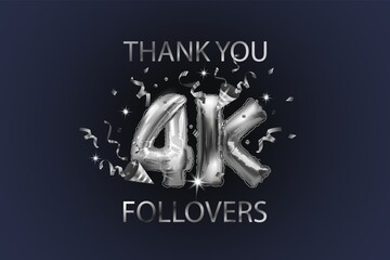 Thank you 4K or 4000 subscribers. Vector illustration with silver shiny balls and confetti for friends on social networks, web users on a dark background. Thank you, celebrate subscribers, likes. - obrazy, fototapety, plakaty