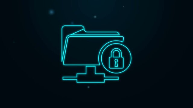 Glowing neon line FTP folder and lock icon isolated on black background. Concept of software update, ftp transfer protocol. Security, safety, protection concept. 4K Video motion graphic animation.