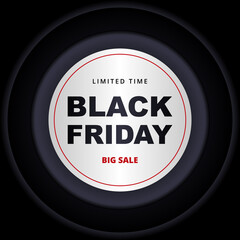 Black friday dark banner. Black banner template with white and dark gray circles on black background.