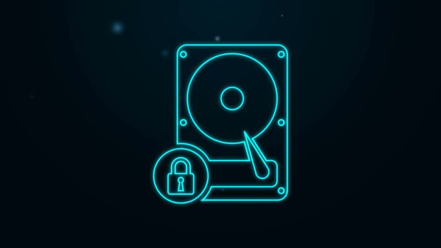 Glowing neon line Hard disk drive and lock icon isolated on black background. HHD and padlock. Security, safety, protection concept. 4K Video motion graphic animation.