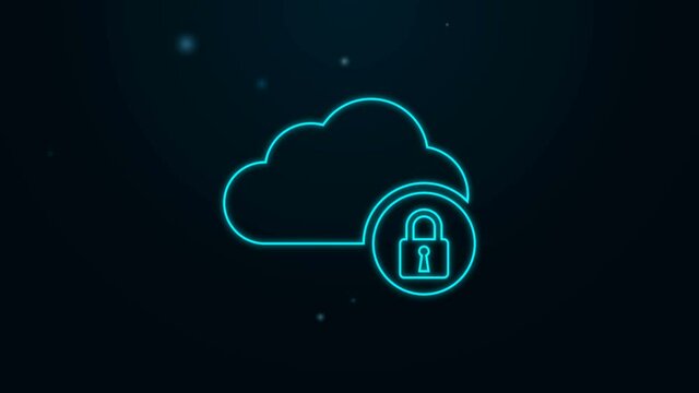 Glowing neon line Cloud computing lock icon isolated on black background. Security, safety, protection concept. 4K Video motion graphic animation.
