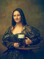 Beer time. Young woman as Mona Lisa, La Gioconda isolated on dark green background. Retro style, comparison of eras concept. Beautiful female model like classic historical character, old-fashioned.