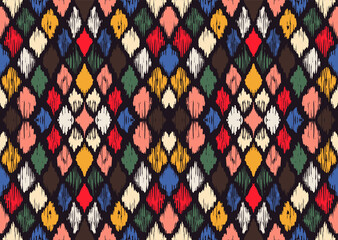 Ikat geometric folklore ornament with diamonds. Tribal ethnic vector texture. Seamless striped pattern in Aztec style. Folk embroidery. Indian, Scandinavian, Gypsy, Mexican, African rug.