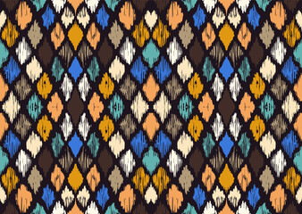 Ikat geometric folklore ornament with diamonds. Tribal ethnic vector texture. Seamless striped pattern in Aztec style. Folk embroidery. Indian, Scandinavian, Gypsy, Mexican, African rug.