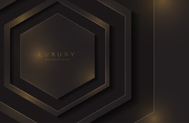Realistic papercut background with shiny gold geometric shape. Vector golden geometry shape on black surface. Graphic design element. Luxurious Elegant template