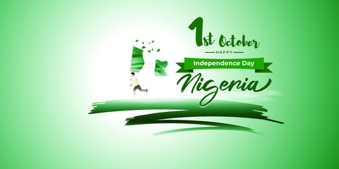 Vector illustration of Ingeria defence day, 1st october, boy running with nigeria flag in hand, birds, freedom, greeting card banner, poster.