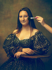 Make up. Young woman as Mona Lisa, La Gioconda isolated on dark green background. Retro style, comparison of eras concept. Beautiful female model like classic historical character, old-fashioned.