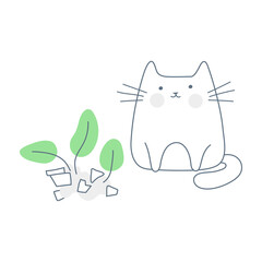 404-page concept, page not found, no connection. The cute cartoon cat sitting near the broken flower pot. Flat clean line vector illustration on white.