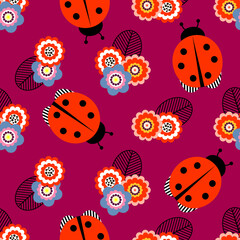 Seamless pattern of cute simple traditional ladybug, multicolored flowers and black outlines of leaves on a magenta background. Vector Scandinavian design for home textiles, wallpaper, paper