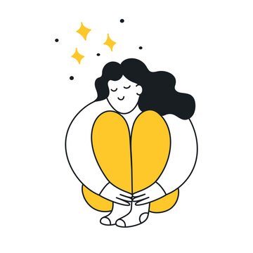 recommend clip art: Cute cartoon woman hugs her knees and smiling. Dreaming, fantasize, daydream, think, be lost in reverie concept. Flat cute thin line vector illustration on white.