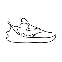 Silhouette of a sneaker. Sports abstract minimalistic sketch in black continuous lines. Great for postcards, textiles, logo, badge, avatar. - 378822130