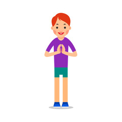 Young woman standing and makes greeting with his hands together to prevent transmission of viruses. Isolated vector illustration in flat style on white background. Namaste of european girl