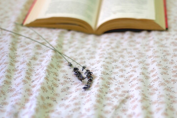 Open book and lavender flower on a bed. Selective focus.