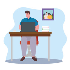 telework, man with laptop in desk, working from home vector illustration design