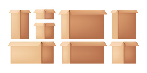 Cardboard box. Open postal parcel. Corrugated cardboard packaging. Box for the move. A place for old things. Vector isolated objects.