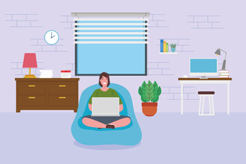 telework, woman sitting in pouf with laptop, working from home vector illustration design