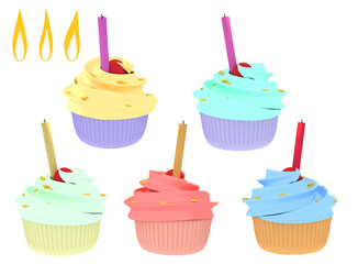 3D cupcake illustration for birthday, new year party Bright colors and candles With cutting path For print and website designs