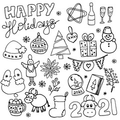 A set of New Year and Christmas doodles. Hand-drawn illustrations. Vector image for web, cards, congratulations, posters, textiles, backgrounds.