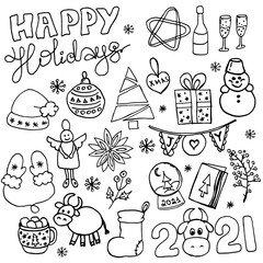 A set of New Year and Christmas doodles. Hand-drawn illustrations. Vector image for web, cards, congratulations, posters, textiles, backgrounds.