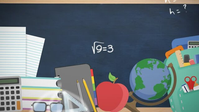 Multiple school concept icons against black board