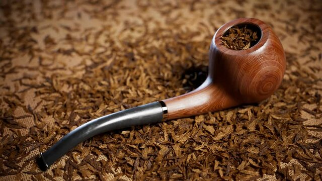 Old fashioned tobacco pipe.Elegant pipe on fabric in the middle of dried tobacco