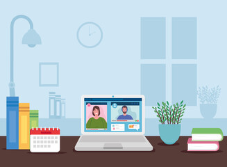 scene of telework indoor home, couple in video conference in laptop vector illustration design