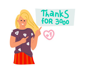 Thanks for 3000. Blogger doodle happy character. Vector subscribe likes concept