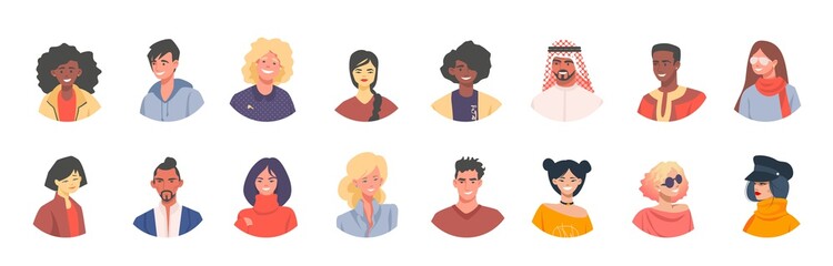 Diverse avatars. Multicultural men and women characters social icons, crowd of diverse peoples. Vector flat different illustration group of happy young and old persons