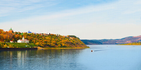 Autumn, panoramic view from the Kama River. Cityscape, historical center, church of Saint Nicholas of Myra city of Sarapul. Udmurt republic, Russia