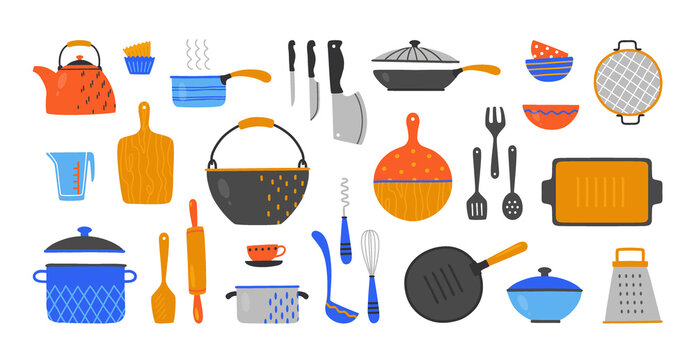 Cartoon utensil. Hand drawn cookery and kitchen equipment, doodle kitchenware and cutlery. Vector set flat design image cooking devices, plates pans knives and cups