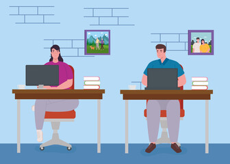telework, young couple working from home, home office concept vector illustration design
