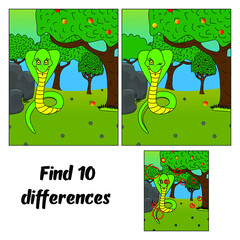 Find 10 differences. Cute cartoon snake in the garden. Educational game for children. Cartoon vector illustration. EPS 10.