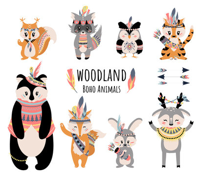 Boho animals. Cute cartoon woodland raccoon fox bear rabbit fox and other forest animals. Vector illustration funny characters for kids illustration