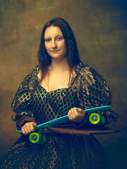 Skater girl. Young woman as Mona Lisa, La Gioconda isolated on dark green background. Retro style,...