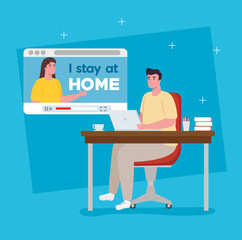 i stay at home, couple in video conference for telework vector illustration design