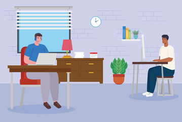 telework, group men working from home vector illustration design