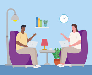 telework, young couple working from home vector illustration design