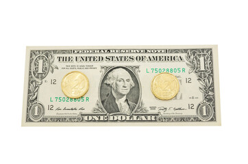 1 dollar banknote and coins. Isolated on white background.