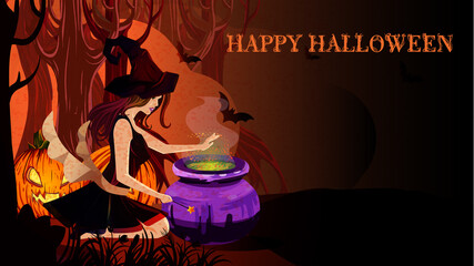 stylized Halloween poster design. Image of a beautiful witch in a fairy forest surrounded by large pumpkins. Perfect for postcards, flyers, invitations. EPS10