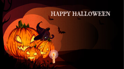stylized Halloween poster design. Image of large pumpkins and a cat in a fairy-tale forest. Perfect for postcards, flyers, invitations. EPS10