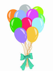 colorful flying balloons tied with a bow for birthday, party, holiday, wedding, isolated on white background, vector graphics