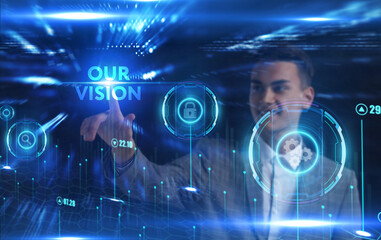 Business, Technology, Internet and network concept. Young businessman working on a virtual screen of the future and sees the inscription: Our vision