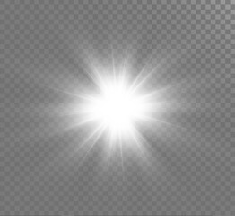 White glowing light explodes on a transparent background. Sparkling magical dust particles. Bright Star. Transparent shining sun, bright flash