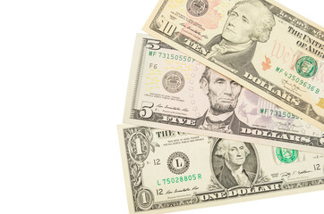 dollars isolated on white background. Copy space. 1, 5, 10 dollars.